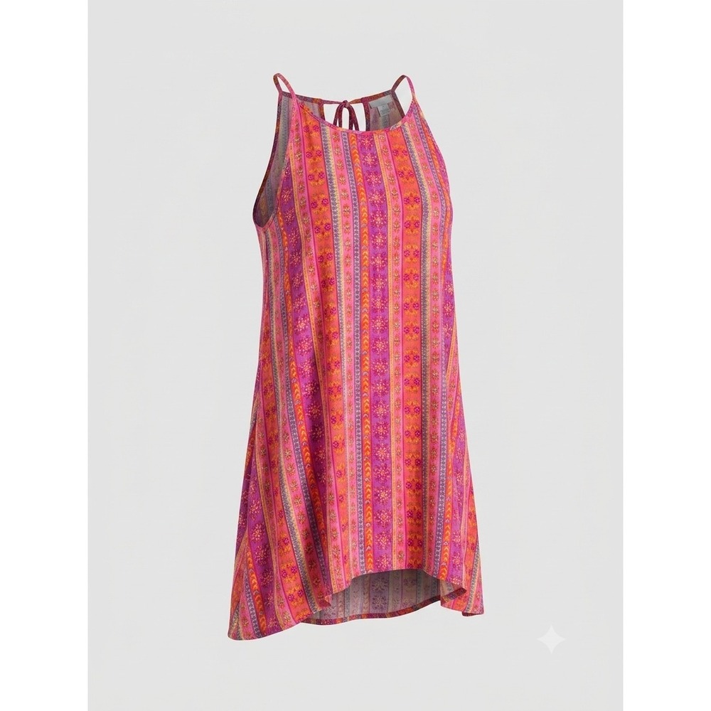 Natural Life Pink Orange Floral Stripe Boho Swing‎ Dress High Low Tie Back Rayon